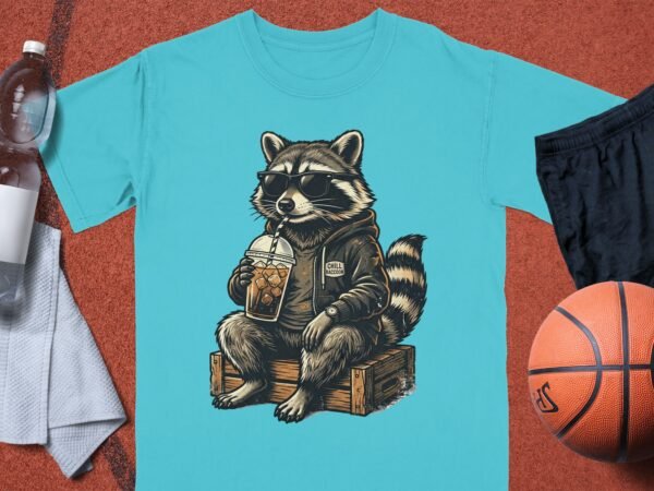 Chill Raccoon T-Shirts, Cool Animal with Sunglasses and Iced Coffee Graphic Tee, Relaxed Wildlife Design, Hipster Raccoon Lover Gift Apparel