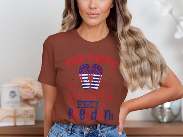 July 4th flip flops fireworks T-shirt, July 4th T-shirt, USA shirt, Independence day tee, American flag shirt, womens Patriotic tee