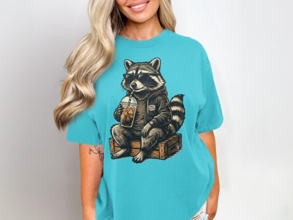 Chill Raccoon T-Shirts, Cool Animal with Sunglasses and Iced Coffee Graphic Tee, Relaxed Wildlife Design, Hipster Raccoon Lover Gift Apparel