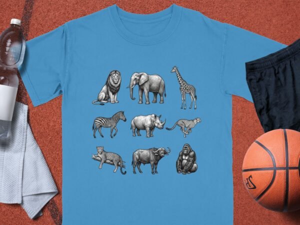 Exotic African Safari Animals T-Shirt, Detailed Hand Drawn Wildlife Sketch Tee, Lion, Elephant, Giraffe, Zebra, Rhino, Cheetah, Leopard