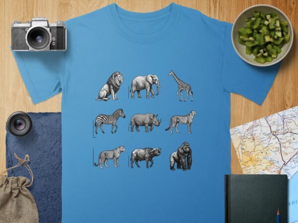 African Safari Animals T-Shirts, Vintage Wildlife Sketch Art, Big Five Lion Elephant Giraffe Zebra Rhino, Jungle Creature Graphic Tee