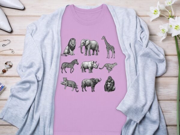 Exotic African Safari Animals T-Shirt, Detailed Hand Drawn Wildlife Sketch Tee, Lion, Elephant, Giraffe, Zebra, Rhino, Cheetah, Leopard