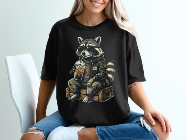 Chill Raccoon T-Shirts, Cool Animal with Sunglasses and Iced Coffee Graphic Tee, Relaxed Wildlife Design, Hipster Raccoon Lover Gift Apparel