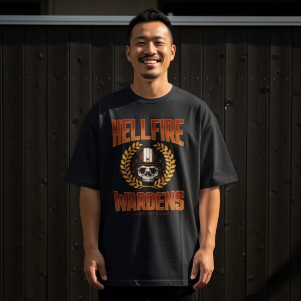 Hellfire Wardens T-Shirt, Motorcycle Helmet Skull Tee, Through the Flames Biker Shirt, Edgy Rider Apparel, Vintage Style TShirt