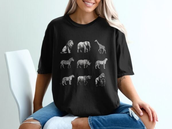 African Safari Animals T-Shirts, Vintage Wildlife Sketch Art, Big Five Lion Elephant Giraffe Zebra Rhino, Jungle Creature Graphic Tee