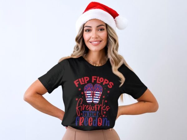 July 4th flip flops fireworks T-shirt, July 4th T-shirt, USA shirt, Independence day tee, American flag shirt, womens Patriotic tee
