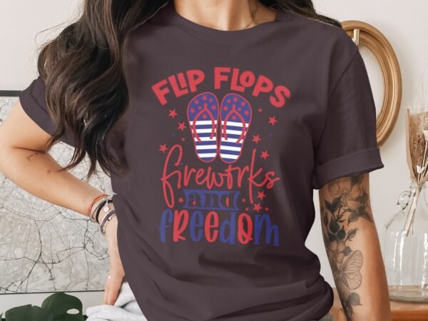 July 4th flip flops fireworks T-shirt, July 4th T-shirt, USA shirt, Independence day tee, American flag shirt, womens Patriotic tee
