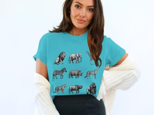 African Safari Animals T-Shirts, Vintage Wildlife Sketch Art, Big Five Lion Elephant Giraffe Zebra Rhino, Jungle Creature Graphic Tee