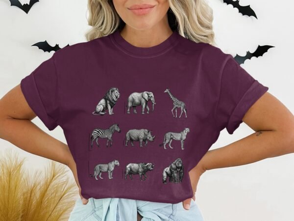 African Safari Animals T-Shirts, Vintage Wildlife Sketch Art, Big Five Lion Elephant Giraffe Zebra Rhino, Jungle Creature Graphic Tee