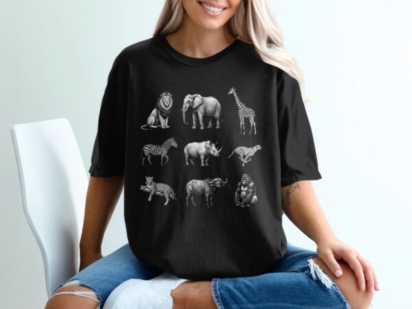 Exotic African Safari Animals T-Shirt, Detailed Hand Drawn Wildlife Sketch Tee, Lion, Elephant, Giraffe, Zebra, Rhino, Cheetah, Leopard