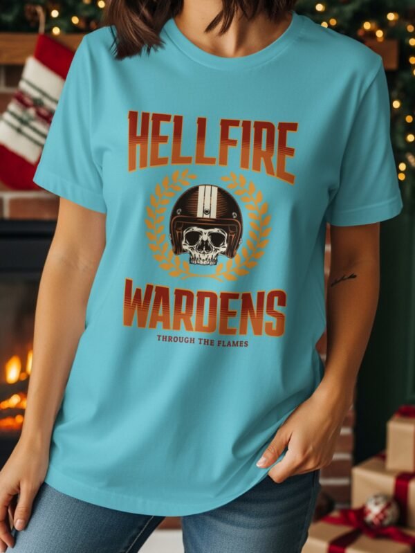 Hellfire Wardens T-Shirt, Motorcycle Helmet Skull Tee, Through the Flames Biker Shirt, Edgy Rider Apparel, Vintage Style TShirt