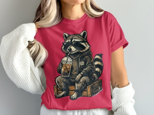 Chill Raccoon T-Shirts, Cool Animal with Sunglasses and Iced Coffee Graphic Tee, Relaxed Wildlife Design, Hipster Raccoon Lover Gift Apparel