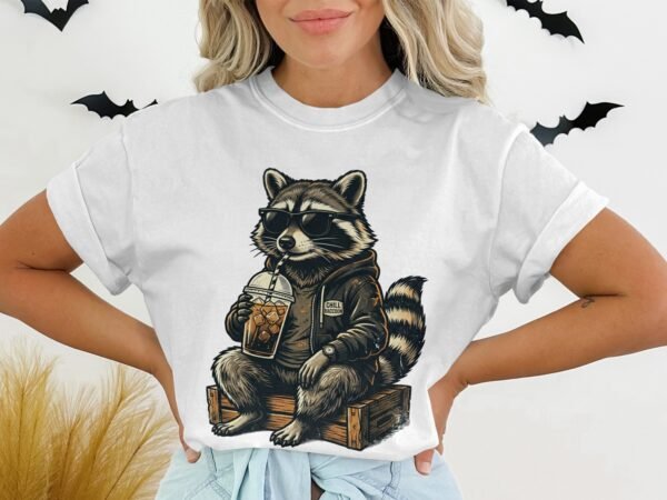Chill Raccoon T-Shirts, Cool Animal with Sunglasses and Iced Coffee Graphic Tee, Relaxed Wildlife Design, Hipster Raccoon Lover Gift Apparel