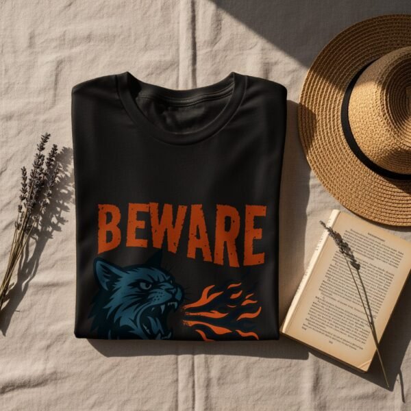 Beware Of The Cat T-Shirt, Angry Cat Design, Fire Breathing Cat Tee, Cool Cat Shirt, Unique Cat Gift, Funny Cat Lover Present, Cat T-Shirt