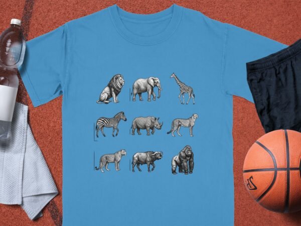 African Safari Animals T-Shirts, Vintage Wildlife Sketch Art, Big Five Lion Elephant Giraffe Zebra Rhino, Jungle Creature Graphic Tee