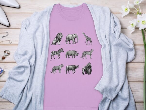 African Safari Animals T-Shirts, Vintage Wildlife Sketch Art, Big Five Lion Elephant Giraffe Zebra Rhino, Jungle Creature Graphic Tee