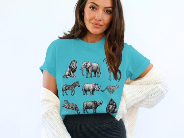 Exotic African Safari Animals T-Shirt, Detailed Hand Drawn Wildlife Sketch Tee, Lion, Elephant, Giraffe, Zebra, Rhino, Cheetah, Leopard