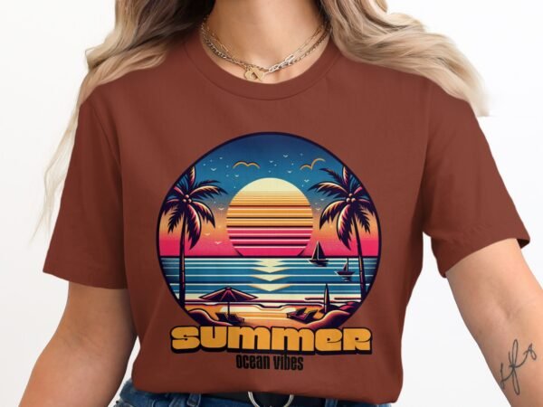 af821f21-0eda-4452-a676-31e9057a5458 Summer Ocean Vibes T-Shirt, Retro Sunset Beach Scene Tee, Tropical Palm Tree Vacation Shirt, Aesthetic Ocean Graphic T-Shirt