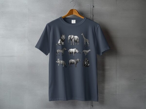 Exotic African Safari Animals T-Shirt, Detailed Hand Drawn Wildlife Sketch Tee, Lion, Elephant, Giraffe, Zebra, Rhino, Cheetah, Leopard