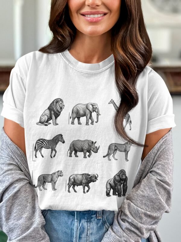 African Safari Animals T-Shirts, Vintage Wildlife Sketch Art, Big Five Lion Elephant Giraffe Zebra Rhino, Jungle Creature Graphic Tee