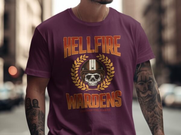 Hellfire Wardens T-Shirt, Motorcycle Helmet Skull Tee, Through the Flames Biker Shirt, Edgy Rider Apparel, Vintage Style TShirt