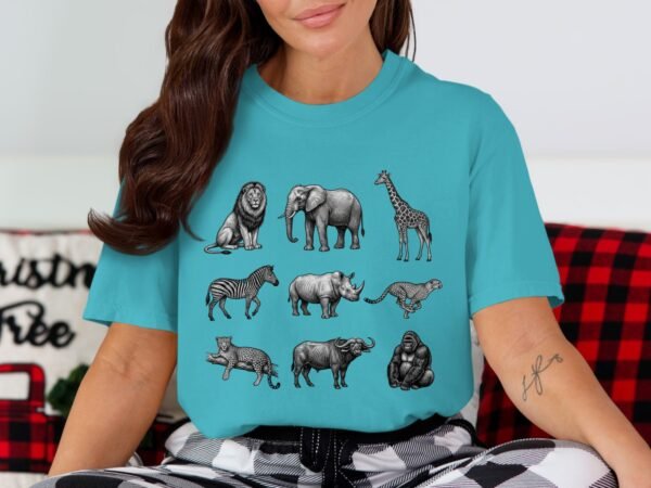Exotic African Safari Animals T-Shirt, Detailed Hand Drawn Wildlife Sketch Tee, Lion, Elephant, Giraffe, Zebra, Rhino, Cheetah, Leopard