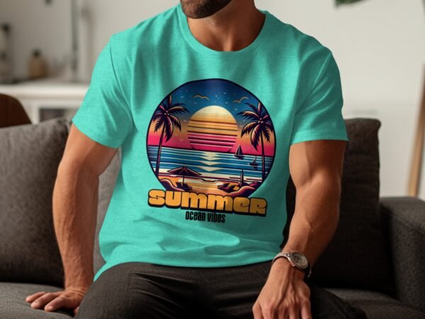 c9f4c844-a188-49cc-84f0-1321382d02d0 Summer Ocean Vibes T-Shirt, Retro Sunset Beach Scene Tee, Tropical Palm Tree Vacation Shirt, Aesthetic Ocean Graphic T-Shirt