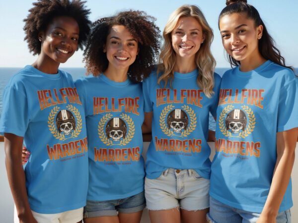 Hellfire Wardens T-Shirt, Motorcycle Helmet Skull Tee, Through the Flames Biker Shirt, Edgy Rider Apparel, Vintage Style TShirt