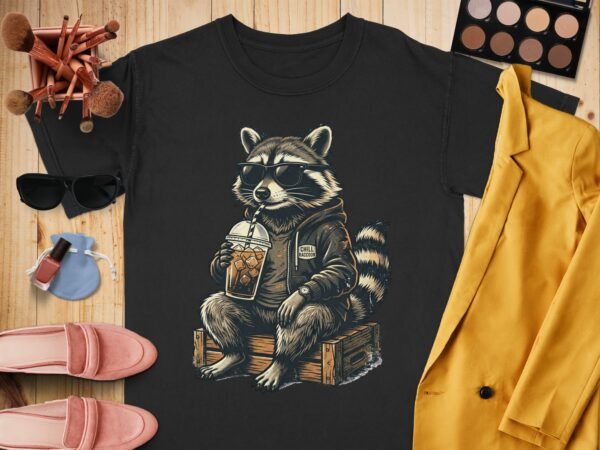 Chill Raccoon T-Shirts, Cool Animal with Sunglasses and Iced Coffee Graphic Tee, Relaxed Wildlife Design, Hipster Raccoon Lover Gift Apparel