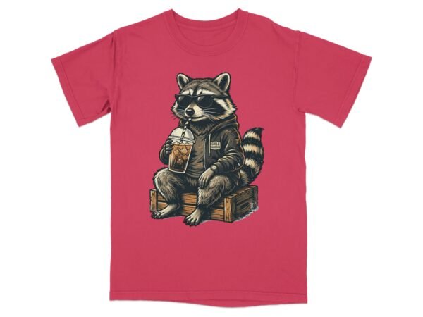 Chill Raccoon T-Shirts, Cool Animal with Sunglasses and Iced Coffee Graphic Tee, Relaxed Wildlife Design, Hipster Raccoon Lover Gift Apparel