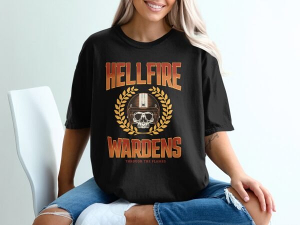 Hellfire Wardens T-Shirt, Motorcycle Helmet Skull Tee, Through the Flames Biker Shirt, Edgy Rider Apparel, Vintage Style TShirt