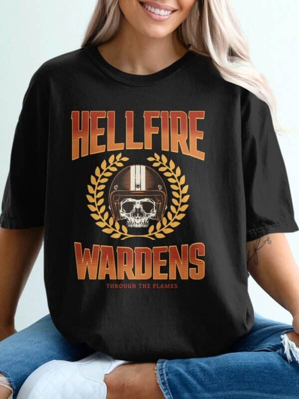 Hellfire Wardens T-Shirt, Motorcycle Helmet Skull Tee, Through the Flames Biker Shirt, Edgy Rider Apparel, Vintage Style TShirt