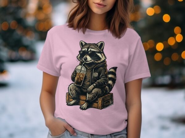 Chill Raccoon T-Shirts, Cool Animal with Sunglasses and Iced Coffee Graphic Tee, Relaxed Wildlife Design, Hipster Raccoon Lover Gift Apparel