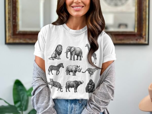 Exotic African Safari Animals T-Shirt, Detailed Hand Drawn Wildlife Sketch Tee, Lion, Elephant, Giraffe, Zebra, Rhino, Cheetah, Leopard