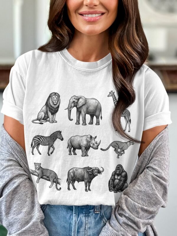 Exotic African Safari Animals T-Shirt, Detailed Hand Drawn Wildlife Sketch Tee, Lion, Elephant, Giraffe, Zebra, Rhino, Cheetah, Leopard