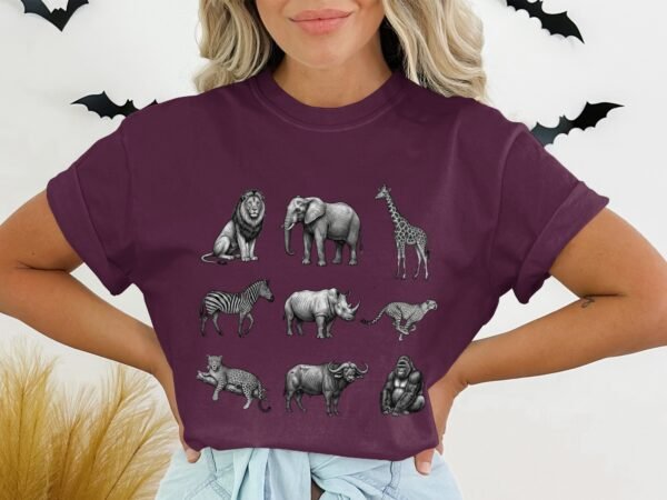 Exotic African Safari Animals T-Shirt, Detailed Hand Drawn Wildlife Sketch Tee, Lion, Elephant, Giraffe, Zebra, Rhino, Cheetah, Leopard