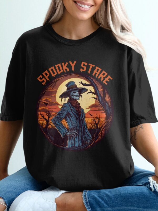 12fa4ed3-b2ea-4bc7-a626-119b3270c773 Spooky Stare Skeleton Scarecrow Halloween T-Shirt