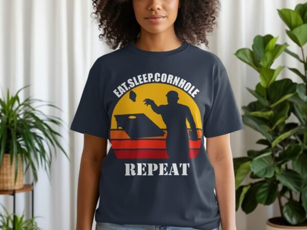 2917fd53-41d2-4207-ab76-2cf66cdec672 Eat Sleep Cornhole Repeat Retro Sunset T-Shirt