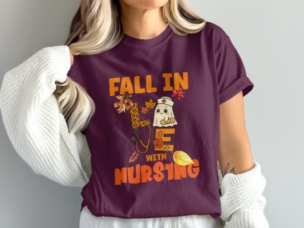 31e25acb-f338-4df7-a89a-a7b9b51b4b6b Fall in Love with Nursing T-Shirt, Cute Nurse Ghost Autumn Tee, Leopard Stethoscope Nurse Appreciation Gift, RN Student Spooky Fall Season