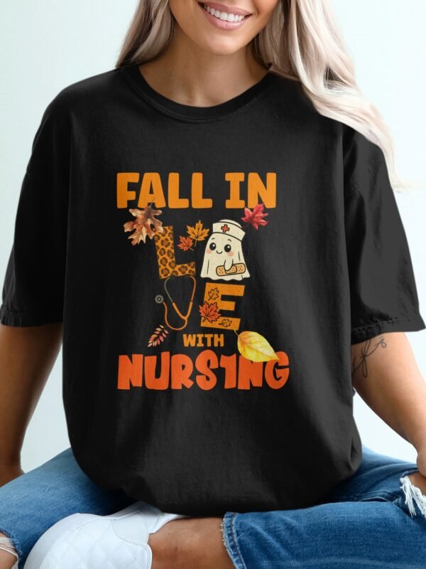 Fall in Love with Nursing T-Shirt, Cute Nurse Ghost Autumn Tee, Leopard Stethoscope Nurse Appreciation Gift, RN Student Spooky Fall Season