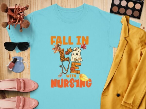 5ba74aee-859d-4651-95a9-a045a8757233 Fall in Love with Nursing T-Shirt, Cute Nurse Ghost Autumn Tee, Leopard Stethoscope Nurse Appreciation Gift, RN Student Spooky Fall Season