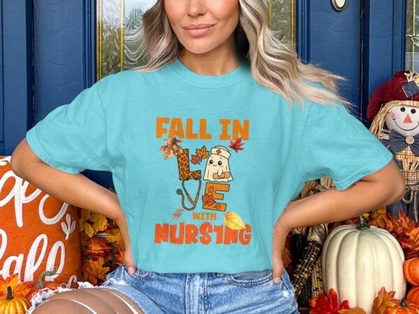 6c4e4073-d9ae-4661-82e6-130a871e779b Fall in Love with Nursing T-Shirt, Cute Nurse Ghost Autumn Tee, Leopard Stethoscope Nurse Appreciation Gift, RN Student Spooky Fall Season