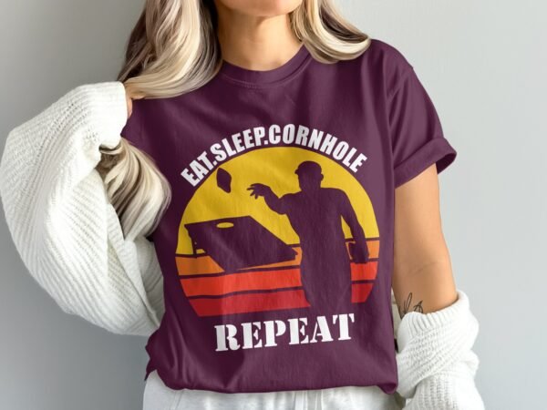 75101b2b-f013-4f2b-9151-86eaf053d496 Eat Sleep Cornhole Repeat Retro Sunset T-Shirt