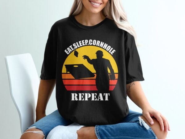 80d849b6-62e6-4450-a92f-f2cfaf8d87cb Eat Sleep Cornhole Repeat Retro Sunset T-Shirt