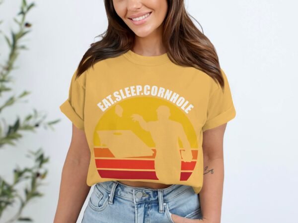 a2c5f2ee-ddba-4d61-ae5e-8d0d85d924fe Eat Sleep Cornhole Repeat Retro Sunset T-Shirt