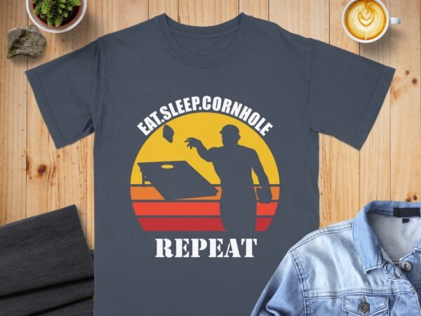 b248efef-0e05-40d9-bb12-9f9b91c77277 Eat Sleep Cornhole Repeat Retro Sunset T-Shirt