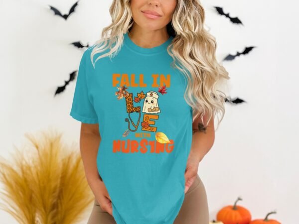 c38b7878-1675-4fc3-bfad-490717f6022f Fall in Love with Nursing T-Shirt, Cute Nurse Ghost Autumn Tee, Leopard Stethoscope Nurse Appreciation Gift, RN Student Spooky Fall Season