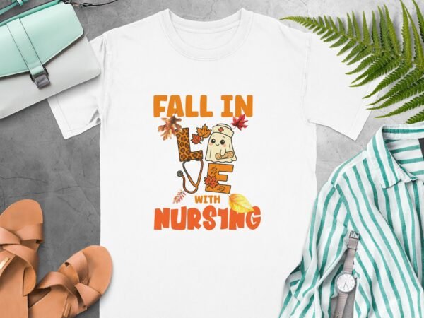 ebc5285b-d1a5-485e-a29a-f0b393a57ecc Fall in Love with Nursing T-Shirt, Cute Nurse Ghost Autumn Tee, Leopard Stethoscope Nurse Appreciation Gift, RN Student Spooky Fall Season