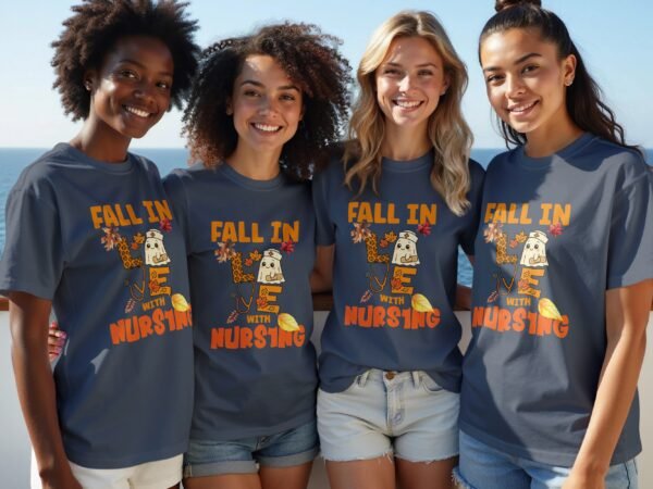 edec41b8-8252-46d7-aa6c-bba687886887 Fall in Love with Nursing T-Shirt, Cute Nurse Ghost Autumn Tee, Leopard Stethoscope Nurse Appreciation Gift, RN Student Spooky Fall Season