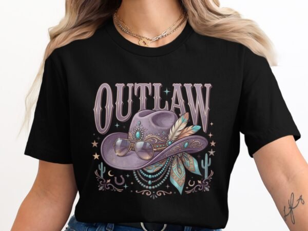 Outlaw Cowgirl T-Shirt, Boho Western Aesthetic Shirt with Bejeweled Hat & Sunglasses, Country Music Festival Tee Gift for Her